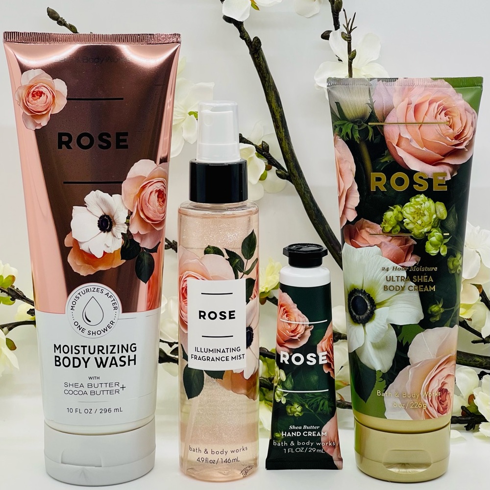 Bath and Body Works Rose Body Wash, Body Cream, Shimmer, Hand Cream 4-Pc Bundle